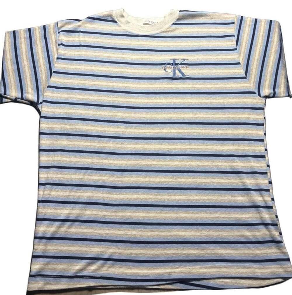 Calvin Klein Jeans Striped T-Shirt Blue Tan Black Embroidered CK Logo